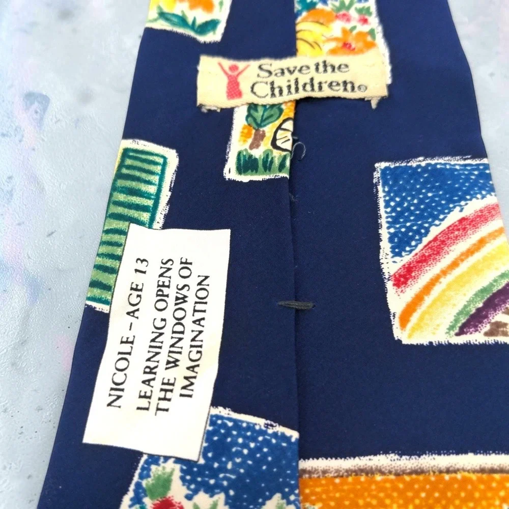 VTG Save the Children Silk Tie Nicole Windows of Imagination Rocket Ship Navy